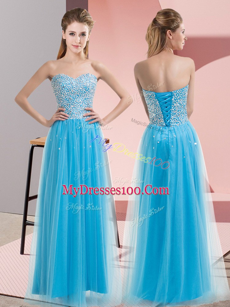 Gorgeous Aqua Blue Sleeveless Floor Length Beading Lace Up Evening Dress