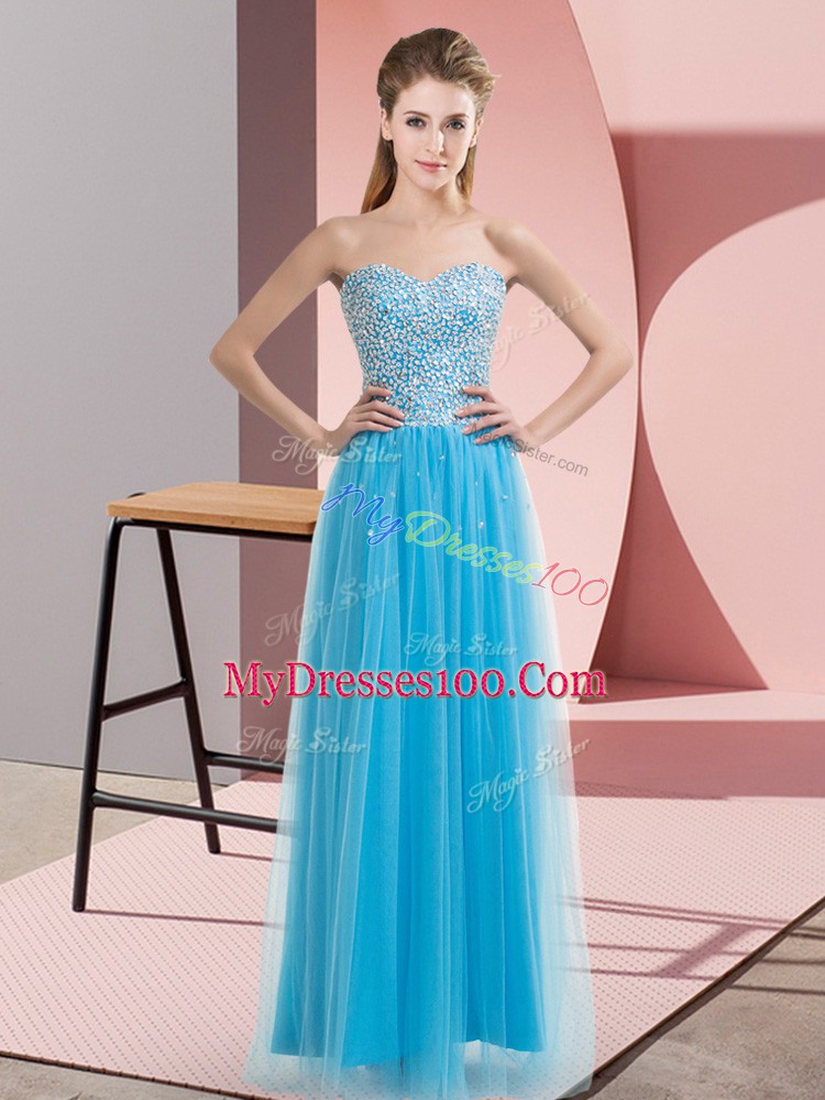 Gorgeous Aqua Blue Sleeveless Floor Length Beading Lace Up Evening Dress