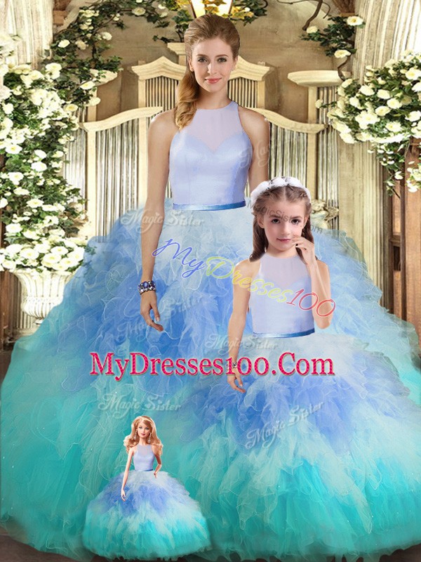 Multi-color Tulle Backless 15th Birthday Dress Sleeveless Floor Length Ruffles