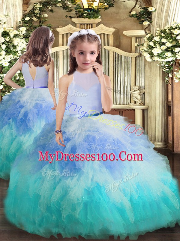 Multi-color Tulle Backless 15th Birthday Dress Sleeveless Floor Length Ruffles