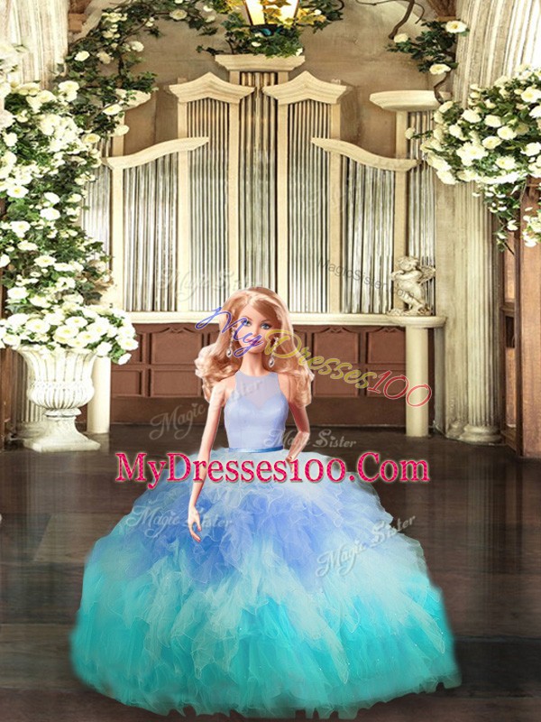 Multi-color Tulle Backless 15th Birthday Dress Sleeveless Floor Length Ruffles