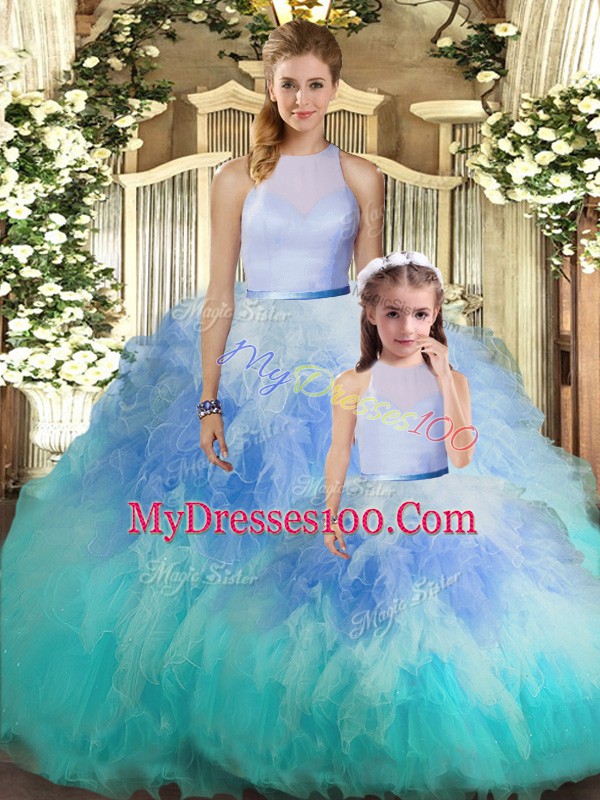 Multi-color Tulle Backless 15th Birthday Dress Sleeveless Floor Length Ruffles