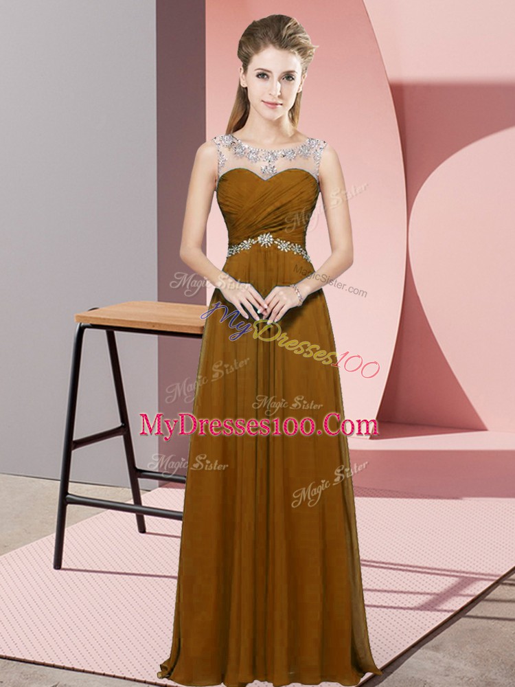 Unique Brown Scoop Backless Beading and Ruching Prom Dresses Sleeveless
