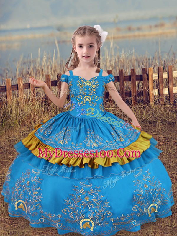 Elegant Off The Shoulder Sleeveless Kids Formal Wear Floor Length Beading and Embroidery Baby Blue Satin