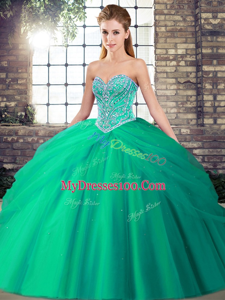 Turquoise Sleeveless Brush Train Beading and Pick Ups Quinceanera Gown
