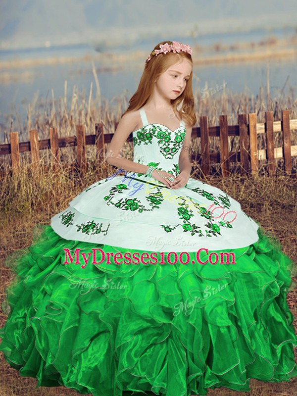 Green Organza Lace Up Straps Sleeveless Floor Length Little Girl Pageant Dress Embroidery