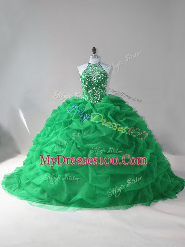 Attractive Sleeveless Beading and Pick Ups Lace Up Quinceanera Dress with Green Court Train