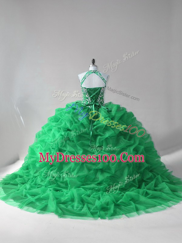 Attractive Sleeveless Beading and Pick Ups Lace Up Quinceanera Dress with Green Court Train