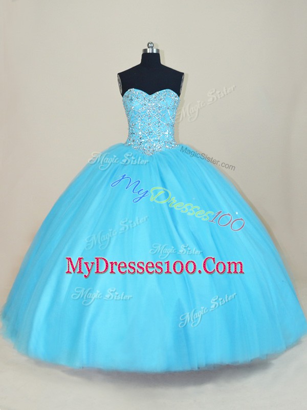 Aqua Blue Lace Up Sweetheart Beading Ball Gown Prom Dress Tulle Sleeveless