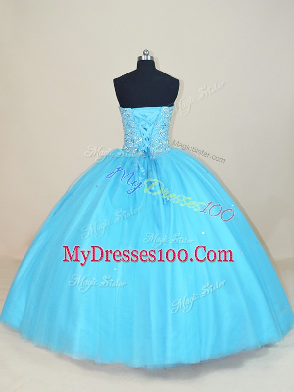 Aqua Blue Lace Up Sweetheart Beading Ball Gown Prom Dress Tulle Sleeveless