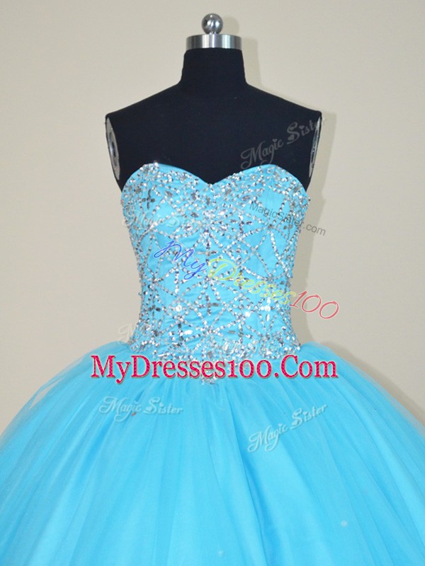 Aqua Blue Lace Up Sweetheart Beading Ball Gown Prom Dress Tulle Sleeveless