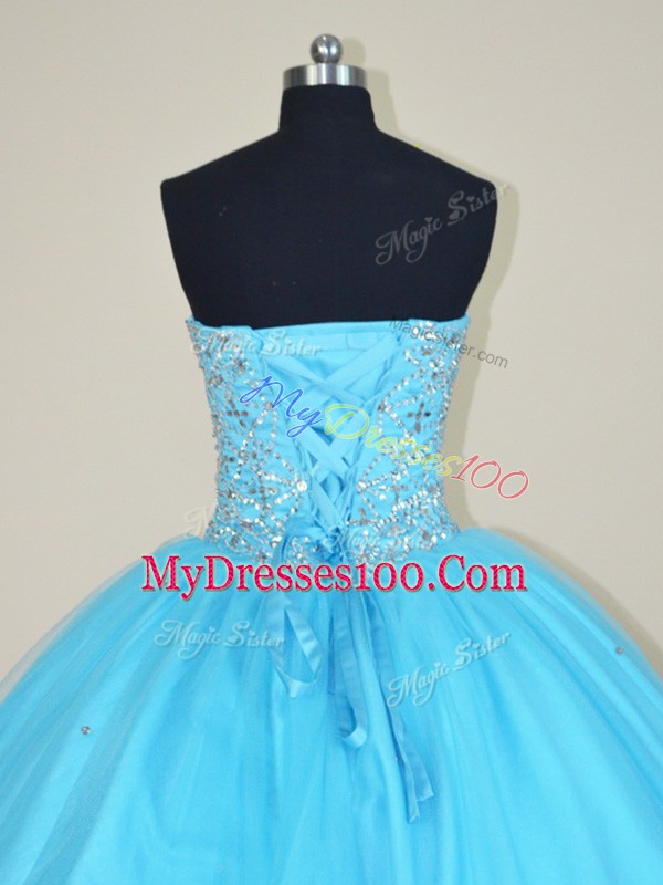 Aqua Blue Lace Up Sweetheart Beading Ball Gown Prom Dress Tulle Sleeveless