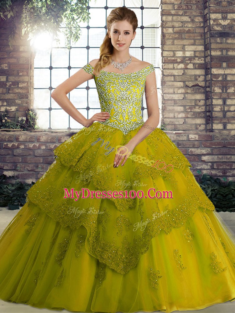 Sleeveless Tulle Brush Train Lace Up Quinceanera Gown in Olive Green with Beading and Lace