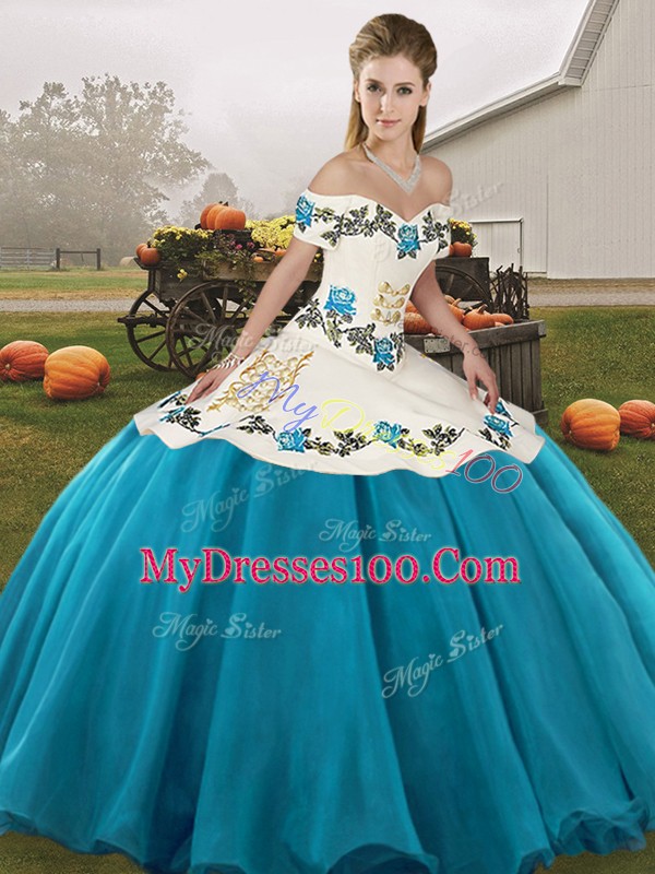 Embroidery Quinceanera Dresses Blue And White Lace Up Sleeveless Floor Length