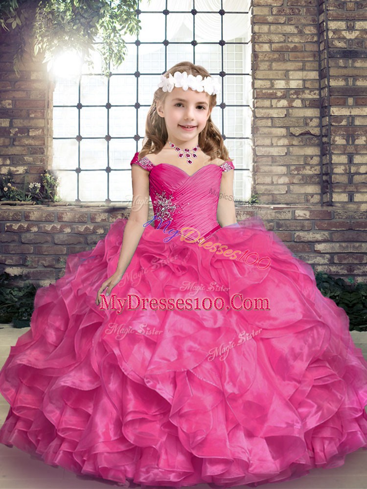Hot Pink Organza Lace Up Kids Pageant Dress Sleeveless Floor Length Beading and Ruffles