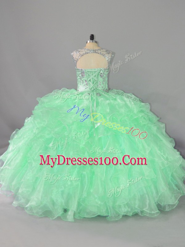 Floor Length Apple Green Ball Gown Prom Dress Organza Sleeveless Beading and Ruffles