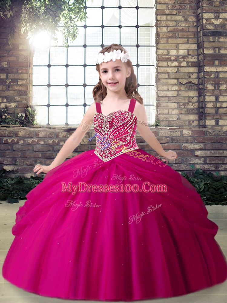 Fuchsia Straps Lace Up Beading Little Girls Pageant Gowns Sleeveless