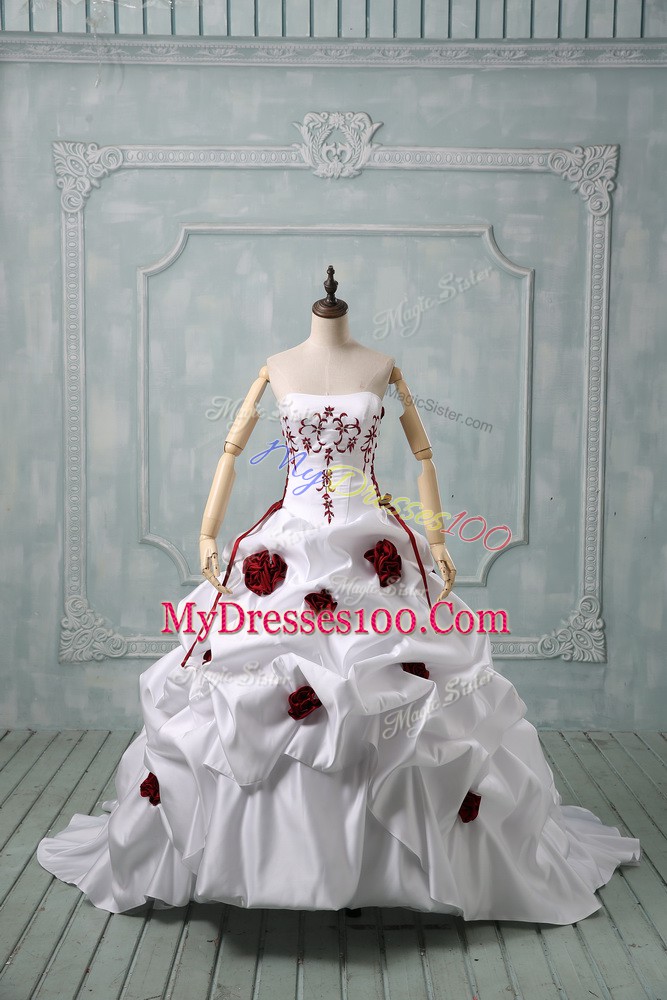 White Ball Gowns Sweetheart Sleeveless Taffeta Brush Train Lace Up Embroidery and Pick Ups and Hand Made Flower Wedding Dress