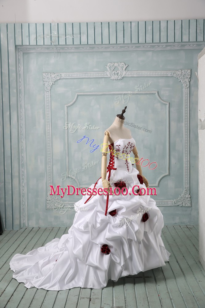 White Ball Gowns Sweetheart Sleeveless Taffeta Brush Train Lace Up Embroidery and Pick Ups and Hand Made Flower Wedding Dress
