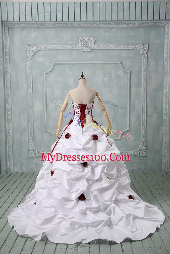 White Ball Gowns Sweetheart Sleeveless Taffeta Brush Train Lace Up Embroidery and Pick Ups and Hand Made Flower Wedding Dress