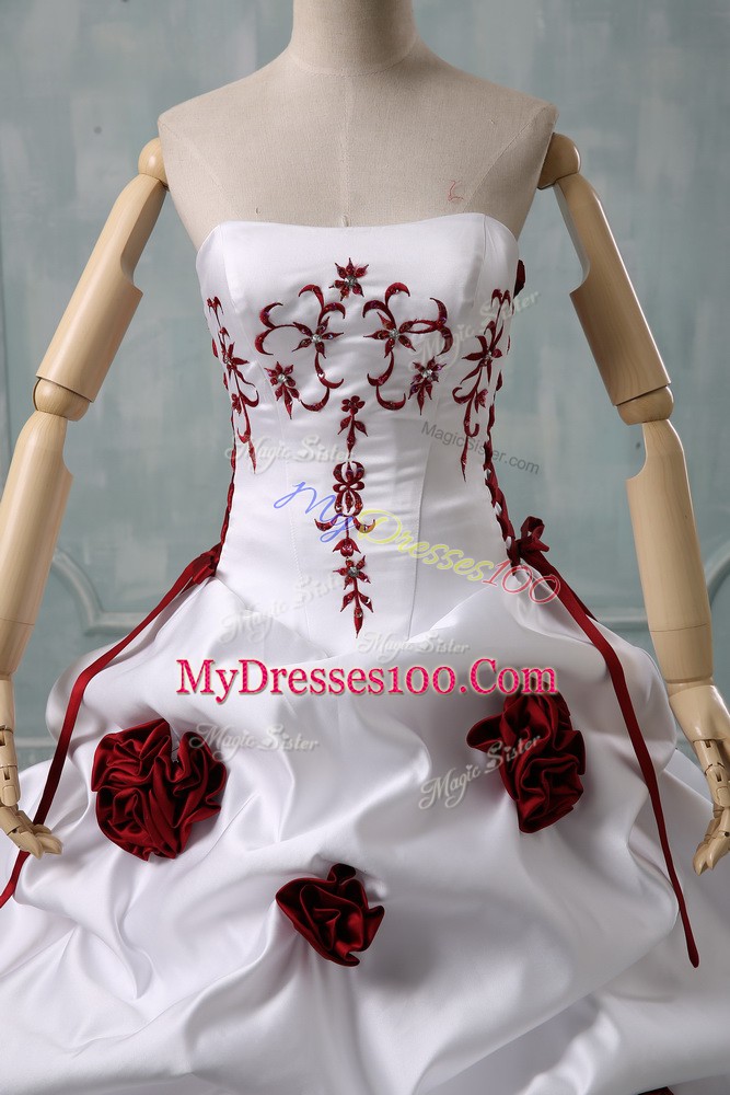 White Ball Gowns Sweetheart Sleeveless Taffeta Brush Train Lace Up Embroidery and Pick Ups and Hand Made Flower Wedding Dress