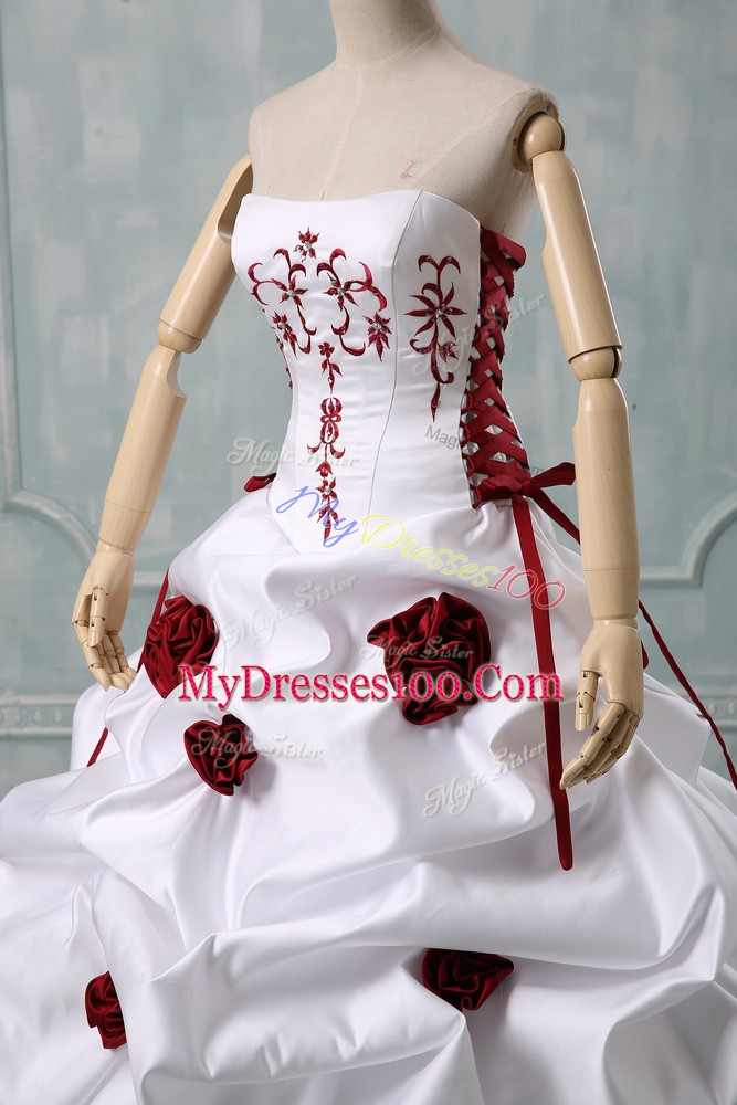 White Ball Gowns Sweetheart Sleeveless Taffeta Brush Train Lace Up Embroidery and Pick Ups and Hand Made Flower Wedding Dress