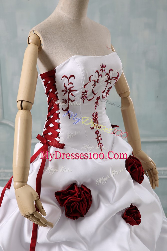 White Ball Gowns Sweetheart Sleeveless Taffeta Brush Train Lace Up Embroidery and Pick Ups and Hand Made Flower Wedding Dress