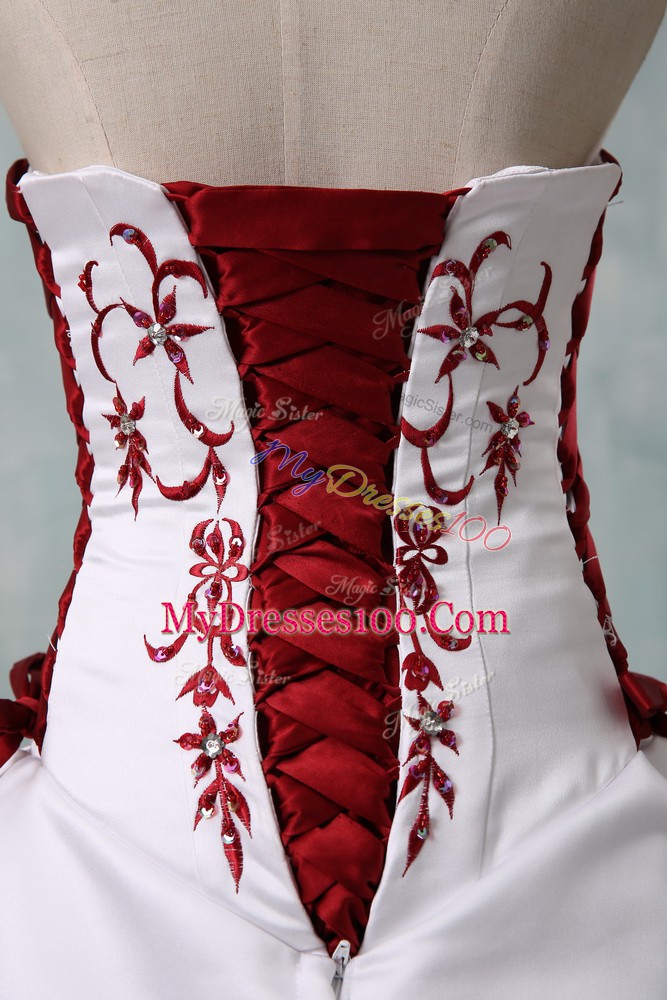 White Ball Gowns Sweetheart Sleeveless Taffeta Brush Train Lace Up Embroidery and Pick Ups and Hand Made Flower Wedding Dress