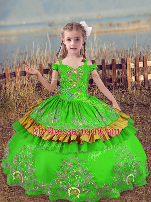 Sweet Ball Gowns Off The Shoulder Sleeveless Satin Floor Length Lace Up Beading and Embroidery Girls Pageant Dresses