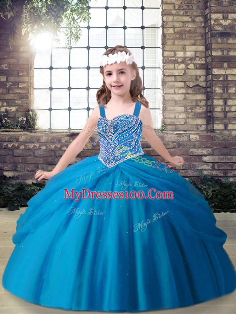 Blue Evening Gowns Party and Sweet 16 and Wedding Party with Beading Straps Sleeveless Lace Up