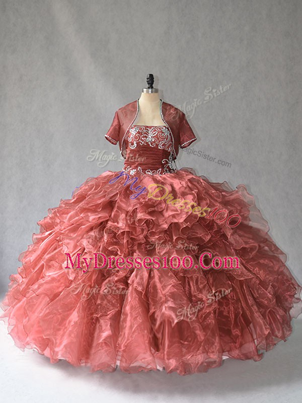 Red Quince Ball Gowns Sweet 16 and Quinceanera with Beading and Ruffles Strapless Sleeveless Lace Up