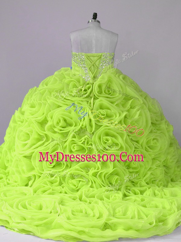 High Quality Sleeveless Brush Train Beading Lace Up Quinceanera Gown