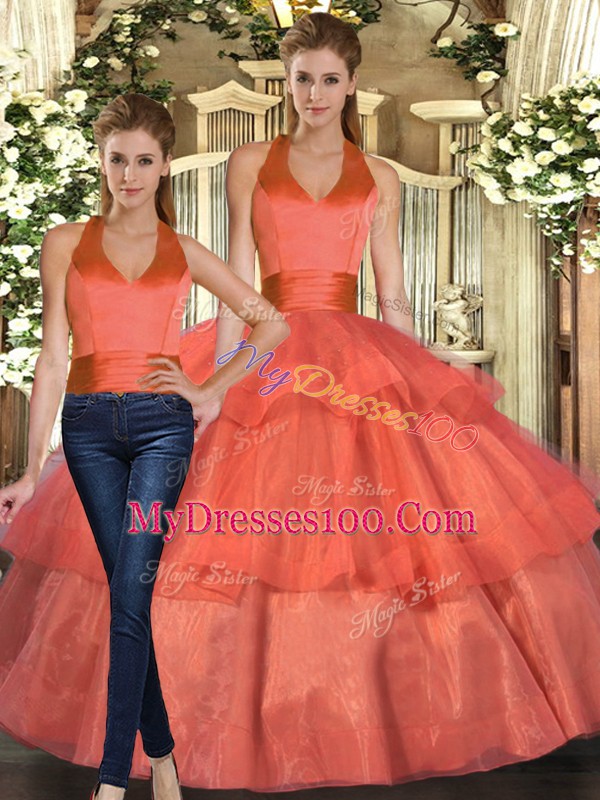 Orange Sleeveless Organza Lace Up 15 Quinceanera Dress for Sweet 16 and Quinceanera