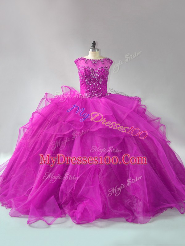 Charming Long Sleeves Brush Train Lace Up Beading and Ruffles Quinceanera Dresses