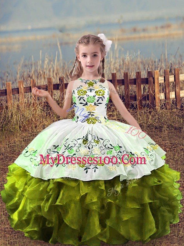 Olive Green Ball Gowns Embroidery and Ruffles Custom Made Pageant Dress Lace Up Organza Sleeveless Floor Length