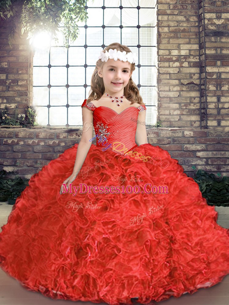 Straps Sleeveless Organza and Fabric With Rolling Flowers Kids Pageant Dress Beading Lace Up