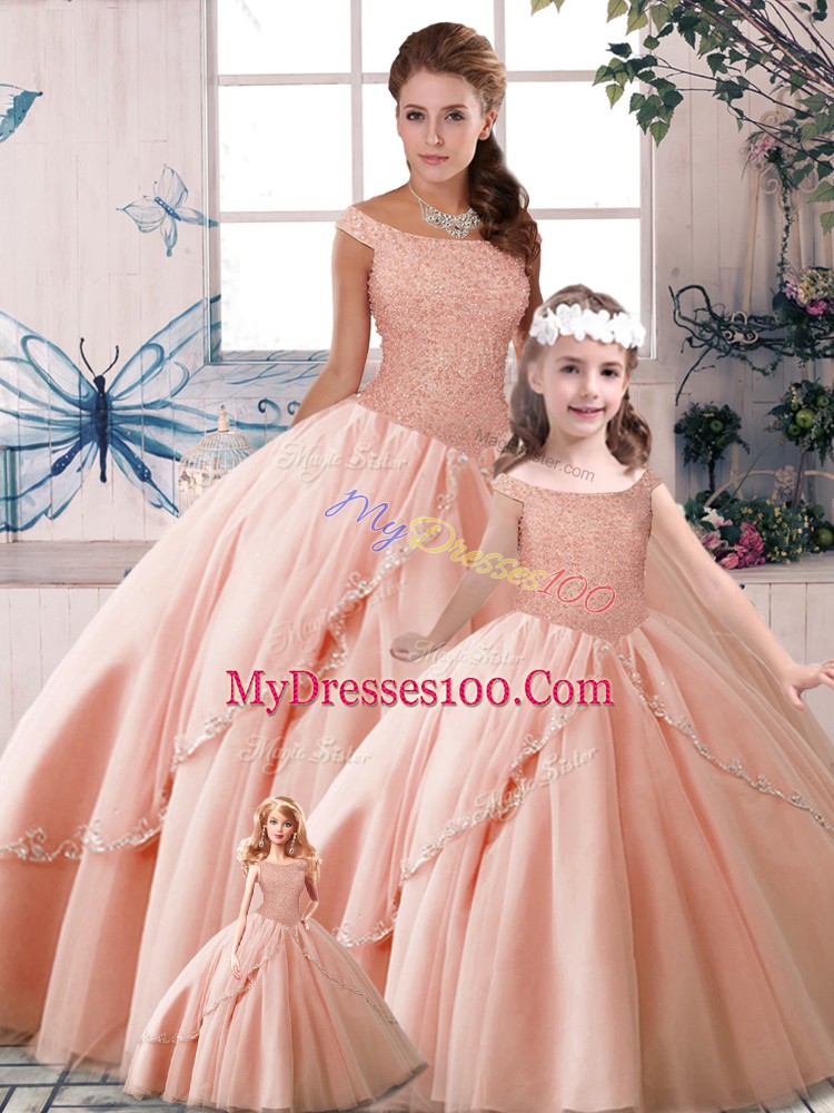 Peach Tulle Lace Up Off The Shoulder Sleeveless 15 Quinceanera Dress Brush Train Beading