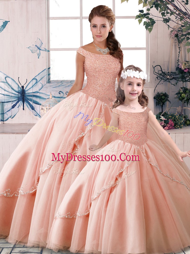 Peach Tulle Lace Up Off The Shoulder Sleeveless 15 Quinceanera Dress Brush Train Beading
