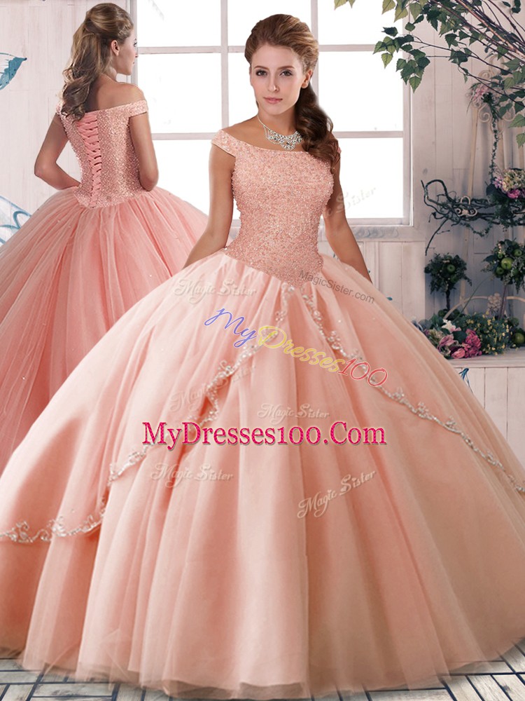 Peach Tulle Lace Up Off The Shoulder Sleeveless 15 Quinceanera Dress Brush Train Beading