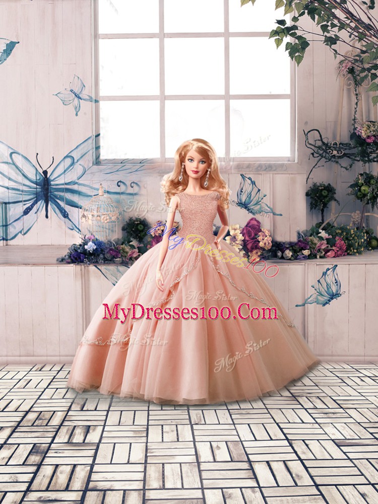 Peach Tulle Lace Up Off The Shoulder Sleeveless 15 Quinceanera Dress Brush Train Beading