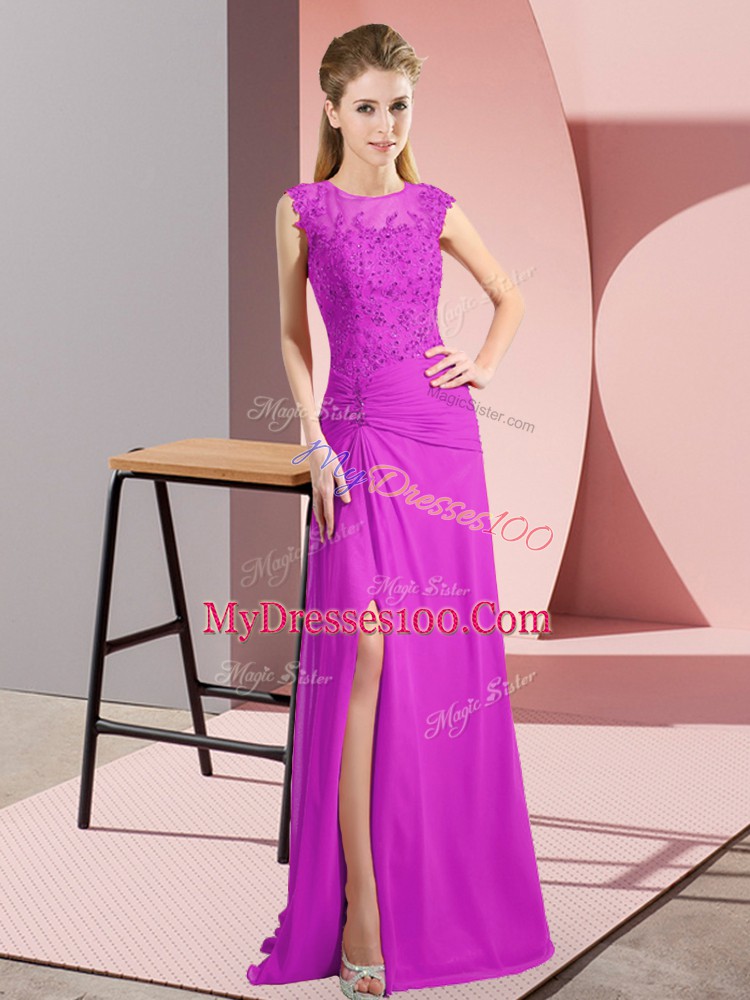 Fuchsia Chiffon Zipper Prom Party Dress Sleeveless Floor Length Beading