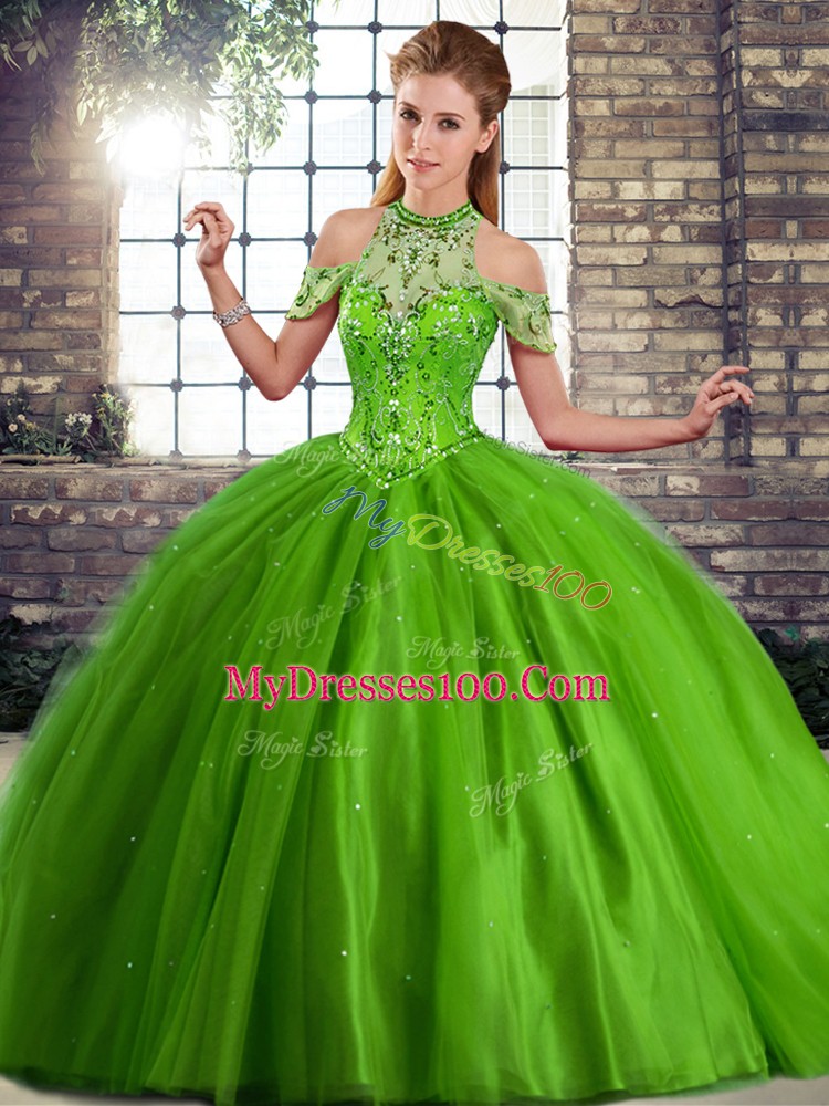 Inexpensive Green Quinceanera Gowns Halter Top Sleeveless Brush Train Lace Up