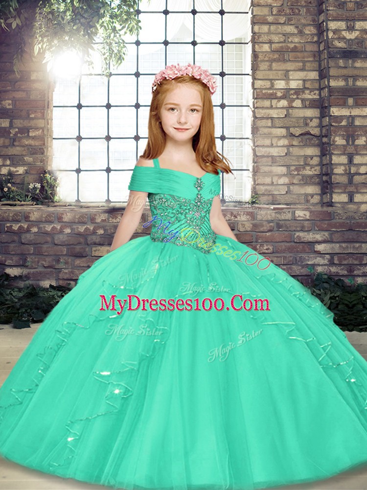 Sleeveless Tulle Floor Length Lace Up Little Girls Pageant Gowns in Aqua Blue with Beading