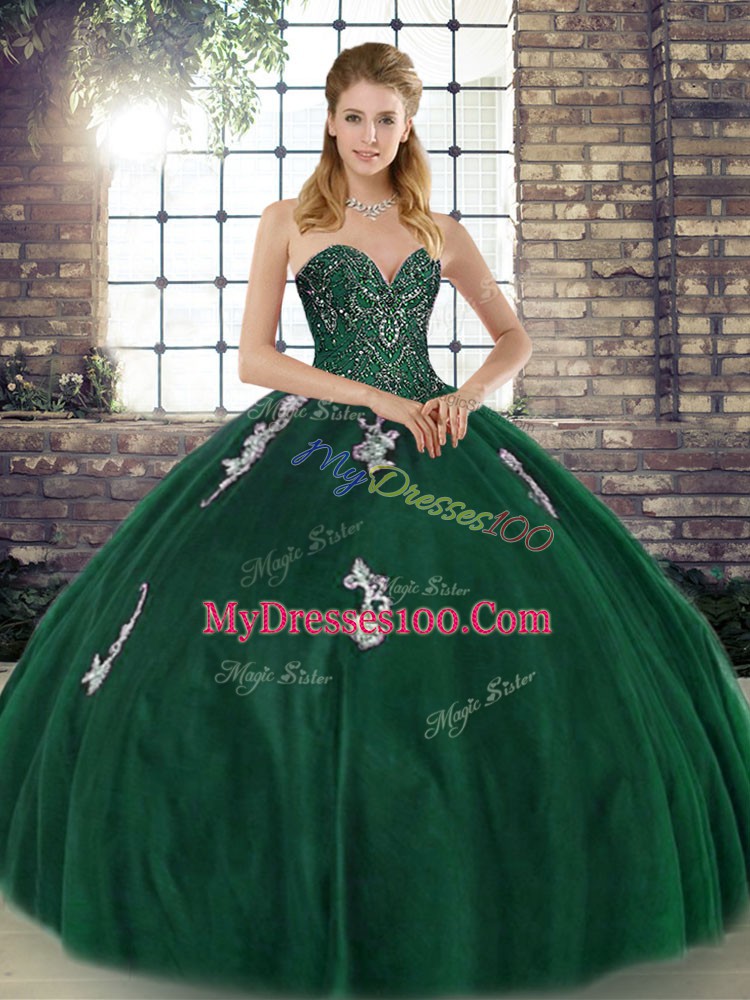 Fancy Beading and Appliques Sweet 16 Dress Green Lace Up Sleeveless Floor Length