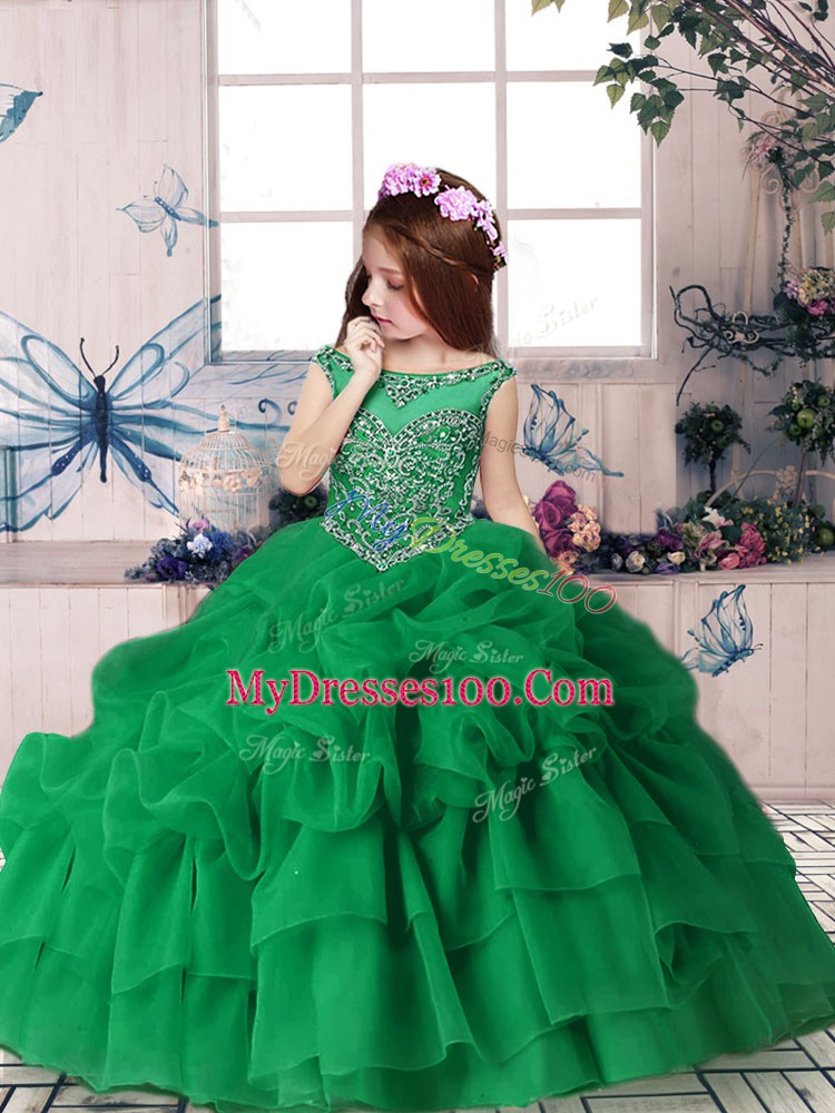 Green Sleeveless Organza Zipper Little Girls Pageant Dress Wholesale for Party and Military Ball and Wedding Party