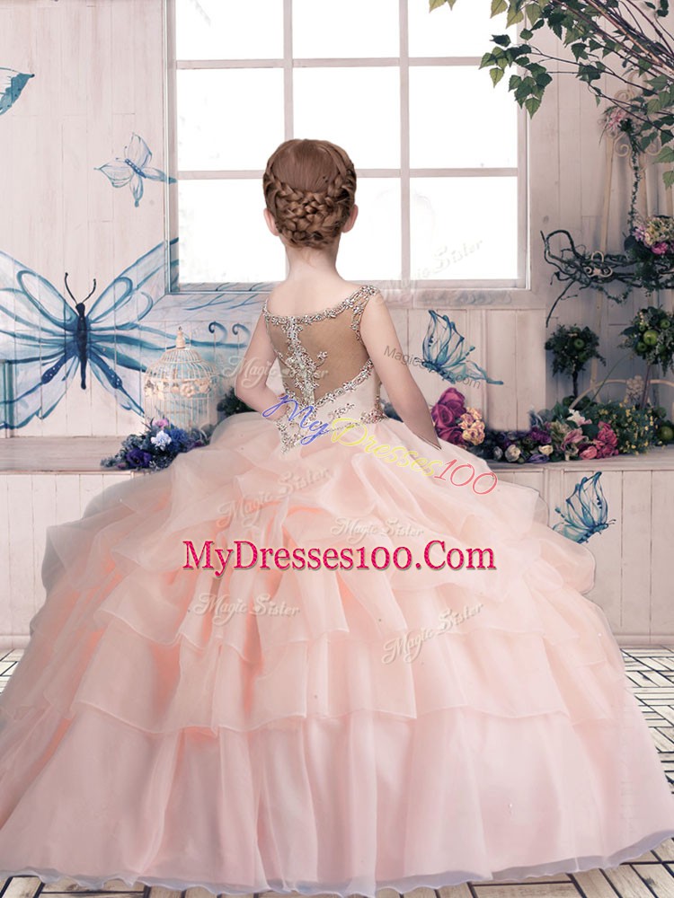 Green Sleeveless Organza Zipper Little Girls Pageant Dress Wholesale for Party and Military Ball and Wedding Party