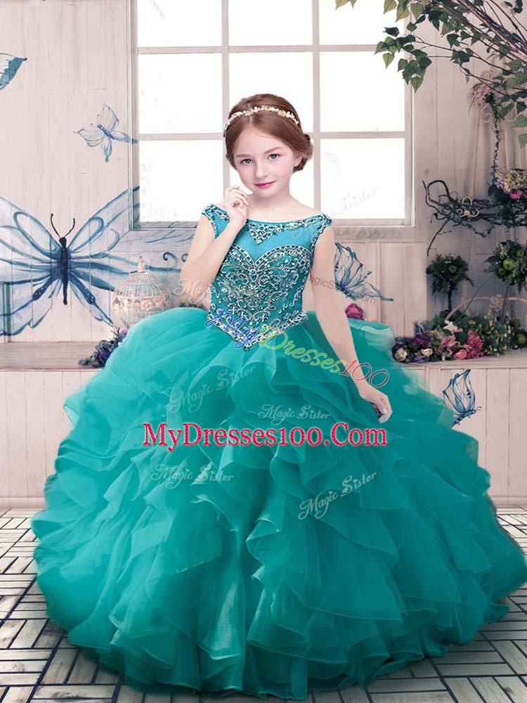 Hot Sale Floor Length Ball Gowns Sleeveless Teal Little Girls Pageant Gowns Zipper