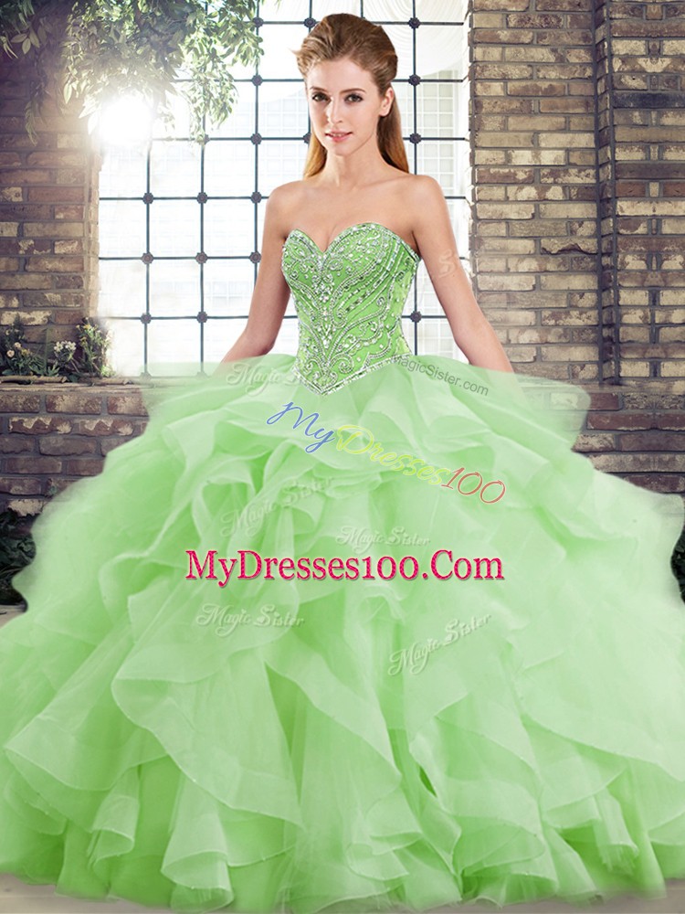Modern Sleeveless Beading and Ruffles Lace Up Quinceanera Dresses with Brush Train