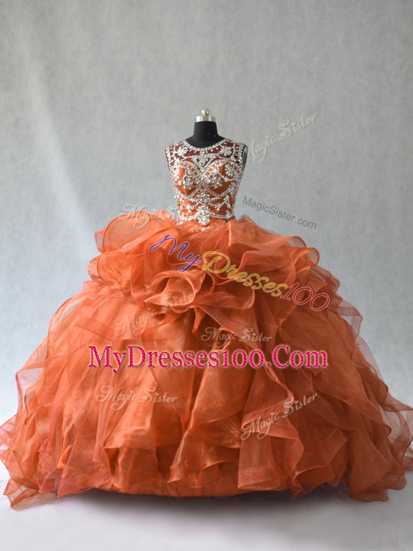 Rust Red Ball Gowns Organza Scoop Sleeveless Beading and Ruffles Lace Up Sweet 16 Quinceanera Dress