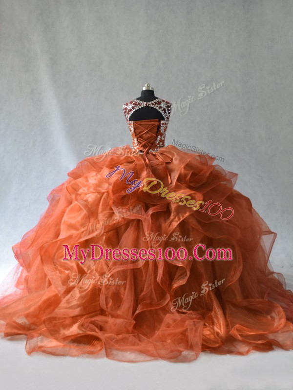 Rust Red Ball Gowns Organza Scoop Sleeveless Beading and Ruffles Lace Up Sweet 16 Quinceanera Dress